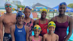 The Blue Marlin swimmers: (front row, from left) Zoey May, Raya Adams, Zane Da Briel (back row, from left) Hazen Da Briel,  Skylar Byron, Belle Adams, and Tayeah St. Hilaire.