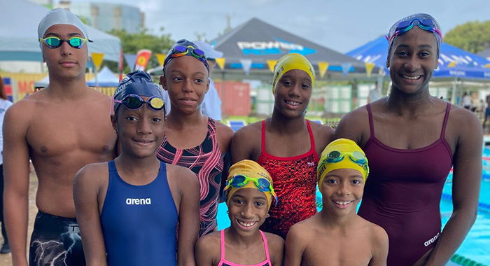 The Blue Marlin swimmers: (front row, from left) Zoey May, Raya Adams, Zane Da Briel (back row, from left) Hazen Da Briel,  Skylar Byron, Belle Adams, and Tayeah St. Hilaire.