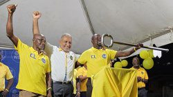 New Democratic Party candidate for Central Leeward, Conroy Huggins, left, and Opposition Leader Godwin Friday at the launch of Huggins' candidacy in Barrouallie on Friday, May 9, 2025. 