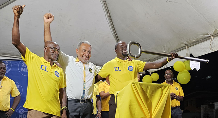 New Democratic Party candidate for Central Leeward, Conroy Huggins, left, and Opposition Leader Godwin Friday at the launch of Huggins' candidacy in Barrouallie on Friday, May 9, 2025. 