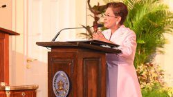 Prime Minister Kamla Persad Bissessar at her swearing-in ceremony in Port of Spain on Thursday, May 1, 2025.