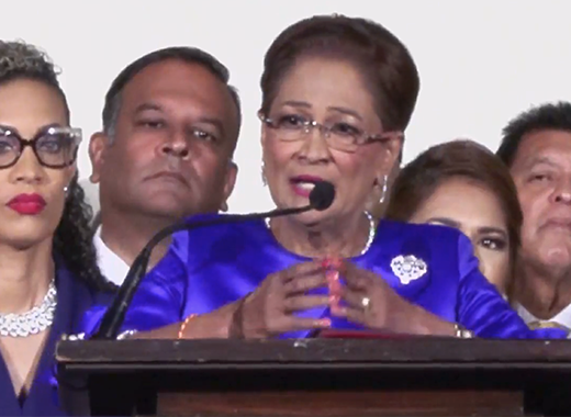 Prime Minister of Trinidad and Tobago, Kamla Persad Bissessar speaks at a ceremony in Port of Spain to swear in her Cabinet on Saturday, May 3, 2025. 