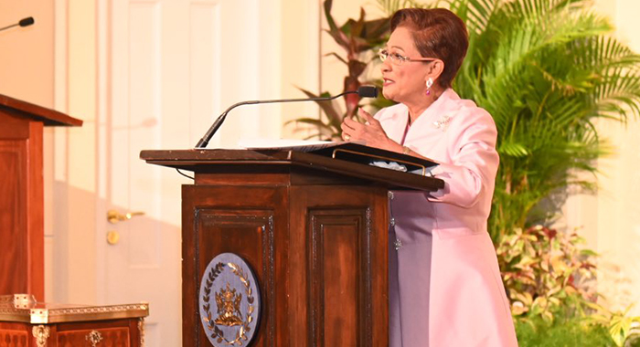 Prime Minister Kamla Persad Bissessar at her swearing-in ceremony in Port of Spain on Thursday, May 1, 2025.