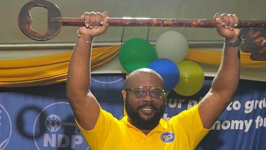 NDP candidate for West St. George, Kaschaka Cupid at the opening of his campaign office in Gomea, on Saturday, May 3, 2025.