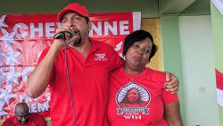East St. George MP and Finance Minister, Camillo Gonsalves, left, and the Unity Labour Party's candidate for South Leeward, Chevonne Stewart, at the candidate selection in Union Island on Sunday, June 8, 2025. (Photo: Facebook/Marlon Bobb)
