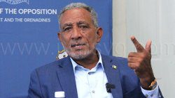 Opposition Leader Godwin Friday speaking at a New Democratic Party press conference in Kingstown on Wednesday, June 18, 2025.