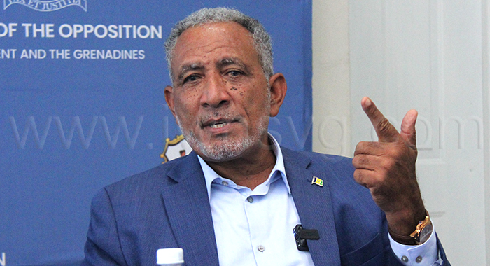 Opposition Leader Godwin Friday speaking at a New Democratic Party press conference in Kingstown on Wednesday, June 18, 2025.