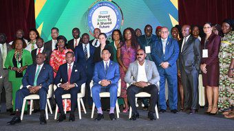Andrew Holness, prime minister of Jamaica and chair of CARICOM (seated second from right) alongside Gaston Browne, prime minister of Antigua and Barbuda (seated far right), and Dr. Terrance Drew, prime minister of St. Kitts and Nevis (seated second from left). They were joined by an African delegation led by Professor Benedict Okechukwu Oramah, president and chairman of the Board of the African Export-Import Bank (Afreximbank) (seated far left), along with representatives from JN Bank and other Jamaican Government officials during a side meeting to the 49th CARICOM Heads of Government Meeting, in Montego Bay, Jamaica on July 8, 2025, focused on strengthening partnerships between Africa and the Caribbean.