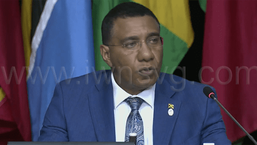 Prime Minister of Jamaica and Chairman of CARICOM, Andrew Holness, speaking at the end-of-summit news conference in Montego Bay, Jamaica on Tuesday, July 8, 2025.