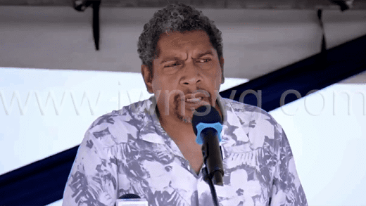 Minister of Finance Camillo Gonsalves speaking at the Hurricane Beryl commemoration event in Canouan on July 1, 2025.