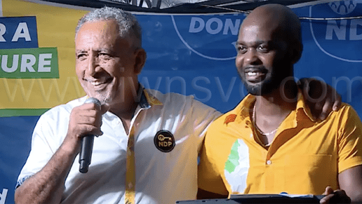 Opposition Leader Godwin Friday, left, and New Democratic Party candidate for North Leeward, Kishore Shallow, in Spring Village on Thursday, July 10, 2025.