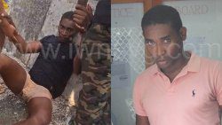 Hollis Young, left, is assisted after being shot in the sea off Owia, on Sunday, July 27, 2025. At right, he is photographed outside the Serious Offences Court, after being fined on cocaine charges on Feb. 17, 2025. 