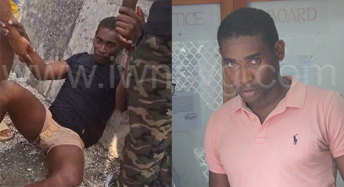 Hollis Young, left, is assisted after being shot in the sea off Owia, on Sunday, July 27, 2025. At right, he is photographed outside the Serious Offences Court, after being fined on cocaine charges on Feb. 17, 2025. 