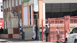 Police process the scene of the shooting death at KCCU headquarters on Granby Street, Kingstown, on Wednesday, July 10, 2025.