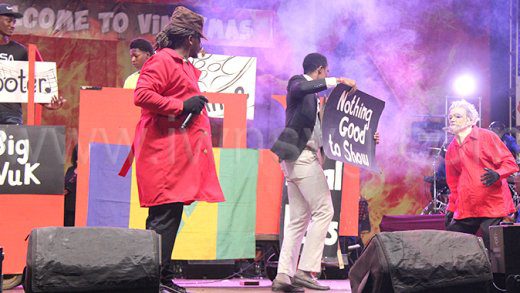 Raeon "Maddzart" Primus, left, and "Comrade", right, on stage during the winning performance on Sunday, July 6, 2025. 