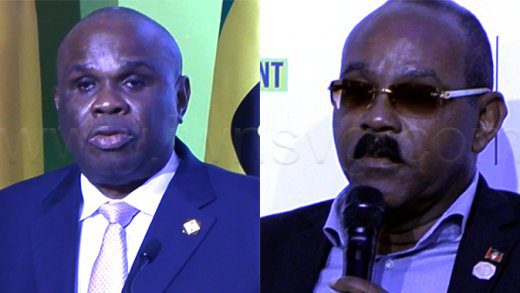 President and chairman of the Board of Directors of Africa Export-Import Bank (Afreximbank), Professor Benedict O. Oramah, left, and Prime Minister of Antigua and Barbuda, Gaston Browne at the AfriCaribbean Trade and Investment Forum in Grenada on Monday, July 28, 2025. 