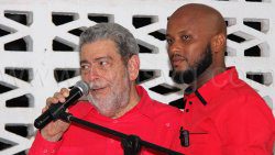 Prime Minister Ralph Gonsalves presents Rodan John on Saturday July 21, 2025, for endorsement at the Unity Labour Party's candidate for South Windward in the next general election, expected by November. 