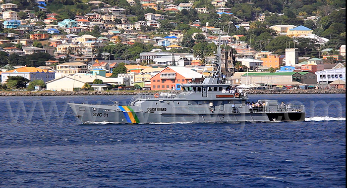 SVG Coast Guard Captain Hugh Mulzac sets out to sea from Port Kingstown on Dec. 18, 2021. The ship refloated Friday night, July 4, 2025, one day after running aground in Union Island. (iWN photo)