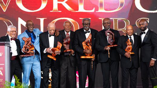 President of Cricket West Indies, Kishore Shallow, right, and legends of the 1975 West Indies Cricket team at the gala in Barbados in June. 