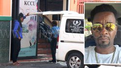 Funeral home workers remove the body of Shernard Gloster, 47, of Barrouallie, insert, from the KCCU headquarters on Granby Street, Kingstown, where an on-duty security guard from Guardsman SVG Ltd. shot him dead on Wednesday, July 9, 2025. 