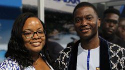 Kenna Questelles, independent candidate for West St. George, left and Grenada Prime Minister, Dickon Mitchell at ACTIF 2025 in St. George's, Grenada in July. 