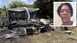 The burnt-out house in Diamond on Saturday, Aug. 9, 2025, with a photo of Natakie Haynes, inset.
