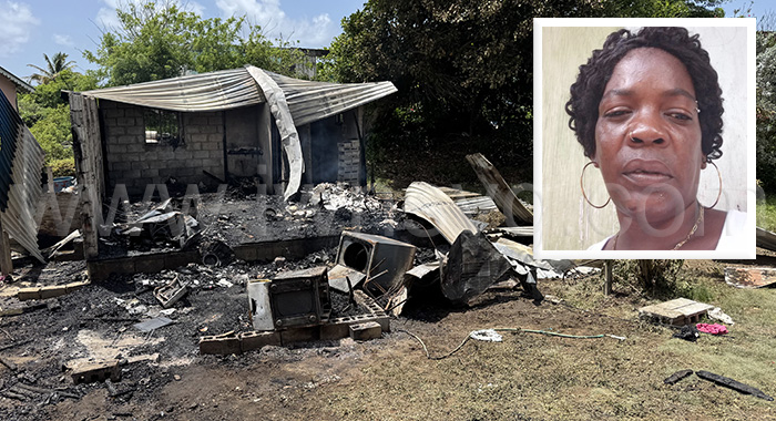 The burnt-out house in Diamond on Saturday, Aug. 9, 2025, with a photo of Natakie Haynes, inset.