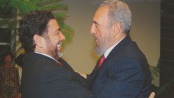 Prime Minister of St. Vincent and the Grenadines, Ralph Gonsalves, left, and then President of Cuba, Fidel Castro in an undated photo.