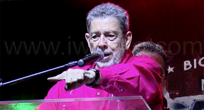 Prime Minister Ralph Gonsalves speaking in Colonarie on Saturday, Aug. 9, 2025.