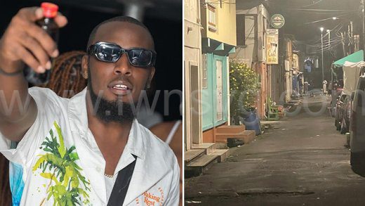 Boom FM's DJ Swagga, left, and the scene in Paul's Avenue, where he was shot and killed on Saturday, Aug. 16, 2025.