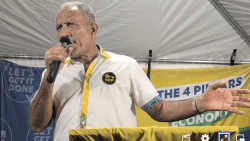 Opposition Leader Godwin Friday campaigning in Town Hill, Kingstown on Monday, Sept. 1, 2025.
