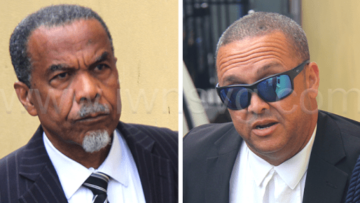 Lawyers Michael Wyllie, left, and Grant Connell outside the Serious Offences Court in Kingstown on Tuesday, Sept. 23, 2025. 