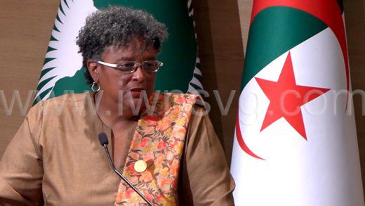 Barbados Prime Minister Mia Mottley speaking at the Africa Diaspora Day in Algiers, Algeria on Friday, Sept. 5, 2025. 