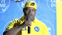 Educator Palmore Wilson campaigning on behalf of the main opposition New Democratic Party in Buccament Bay on Thursday, Aug. 28, 2025.