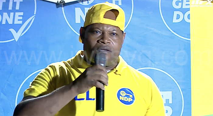 Educator Palmore Wilson campaigning on behalf of the main opposition New Democratic Party in Buccament Bay on Thursday, Aug. 28, 2025.