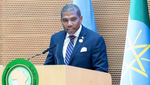 Incoming chair of CARICOM, St. Kitts and Nevis Prime Minister, Dr. Terrance Drew, speaking at the African Union-CARICOM summit in Addis Ababa, Ethiopia on Sunday, Sept. 7, 2025.

