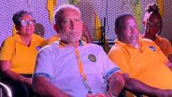 Southern Grenadine MP, Terrance Olliverre, right, Opposition Leader Godwin Friday, centre and New Democratic Party candidate for East St. George, Laverne Gibson Velox, at an NDP Southern Grenadines campaign event.