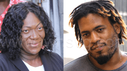 The defendants, Yvonne Patterson, left, and Fitzroy Jr. Izarus Marcus Douglas, outside the Serious Offences Court, in Kingstown, on Sept. 16, 2025.