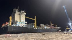 The FOUMA, a Cyprus-flagged container ship that is 166.15 meters long and 25.26 meters wide, became the first vessel to dock at the new Kingstown Port, making a scheduled call after the port opened on Saturday, Oct. 25, 2025. (Photo: Facebook/Benarva Browne)  