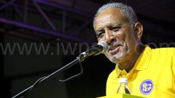 Opposition Leader and New Democratic Party President, Godwin Friday, speaking at the party's East Kingstown office opening in Sion Hill on Saturday, Sept. 27, 2025. 