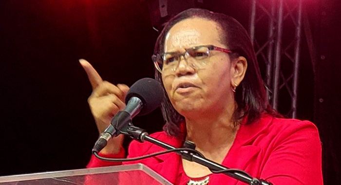 The Unity Labour Party's North Windward candidate, Grace Walters, speaking at the party's "Labour Strong Rally" in Kingstown on Oct. 28, 2025. (Photo: Facebook/Kingsley Roberts.) 