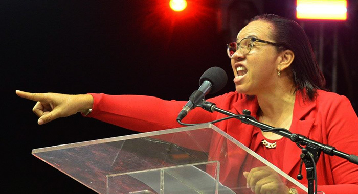 The Unity Labour Party's North Windward candidate, Grace Walters, speaking in Kingstown on Tuesday, Oct. 28, 2025. (Photo: Facebook/Kingsley Roberts.) 