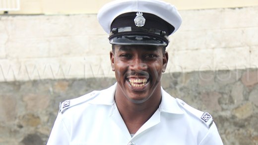 Police Constable 983 Jahshem Lynch outside the Kingstown Magistrate's Court on Sept. 29, 2025.