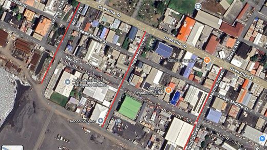 A Google Maps image of Kingstown with the three streets marked out in red.