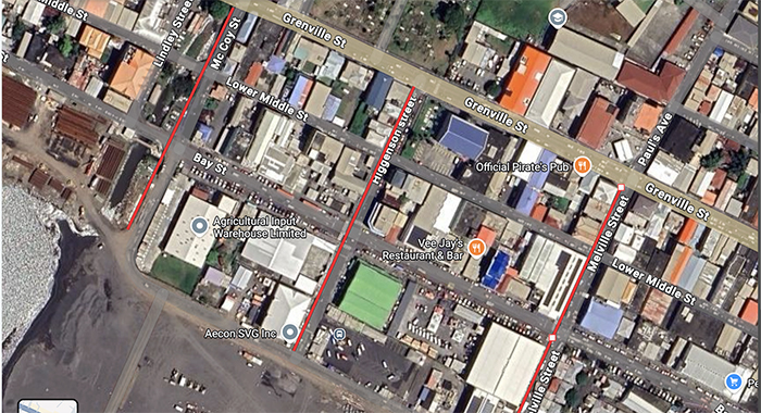A Google Maps image of Kingstown with the three streets marked out in red.