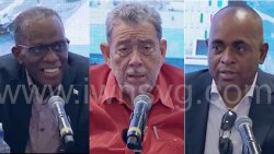 Prime Minister of St. Vincent and the Grenadines, Ralph Gonsalves, centre, along with his St. Lucian counterpart, Phillip Pierre, left, and Dominica's Prime Minister Roosevelt Skerrit, right at a press conference in Kingstown on Wednesday, Oct. 22, 2025.
