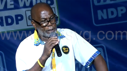 Central Kingstown MP, St. Clair Leacock, speaking at the New Democratic Party's rally in Layou on Saturday, Oct. 18 2025.