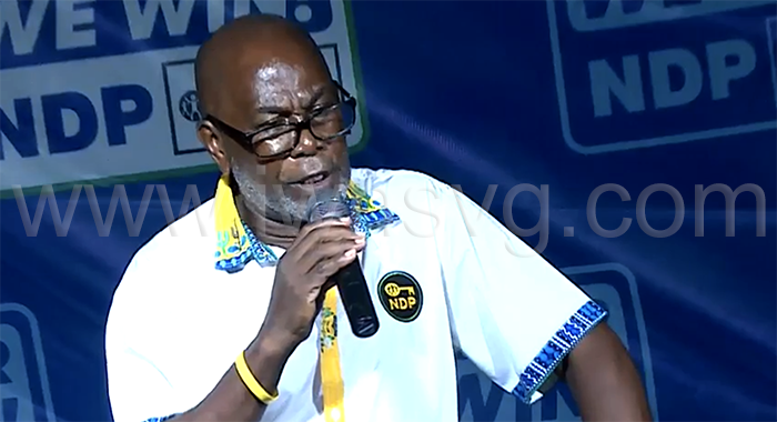 Central Kingstown MP, St. Clair Leacock, speaking at the New Democratic Party's rally in Layou on Saturday, Oct. 18 2025.