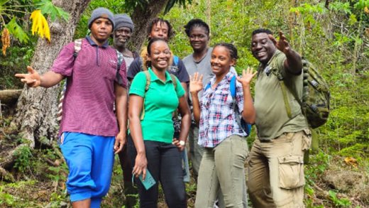 The Union Island Environmental Alliance ranger team. From left: Kayroy Baptiste, Esrome Durant (in the back), Ricardo Gellizeau (in the back), Millesia Gellizeau (in the front), Roxanne Forget (in the back), Junicia Gellizeau (in the front), Roseman Adams.( © Roseman Adams / Union Island Environmental Alliance)
