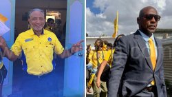 New Democratic Party candidates Godwin Friday, left, and Fitz Bramble on Monday, after they were nominated as the party's candidates for the Northern Grenadines and East Kingstown. (Photo: NDP)